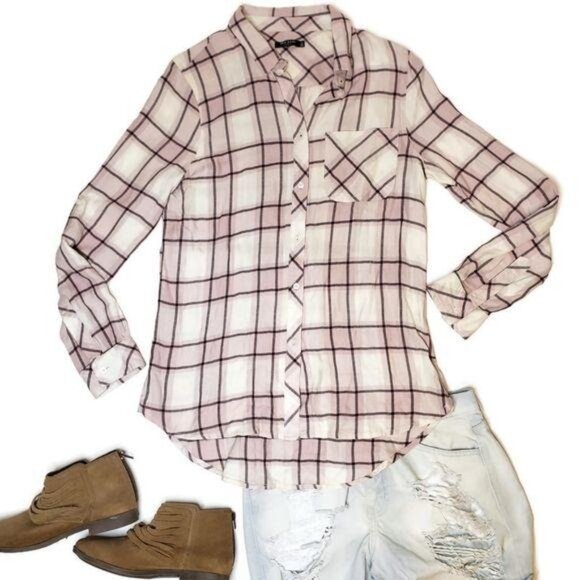 Max Jeans Plaid Button-Up Shirt Medium lumberjack white pink fall pumpkin patch - Picture 2 of 7